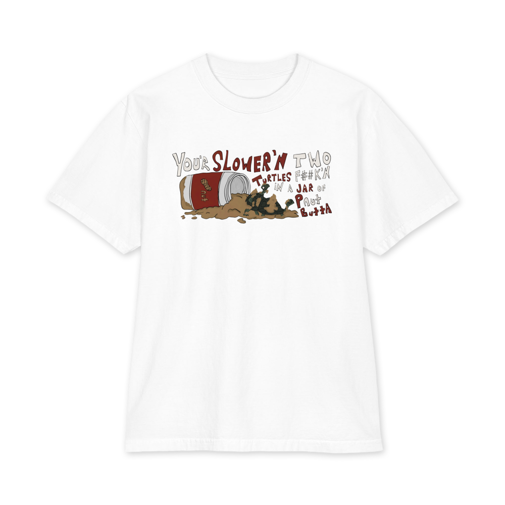 White Slow Butta heavyweight T-shirt with turtles spilled in a jar of peanut butter
