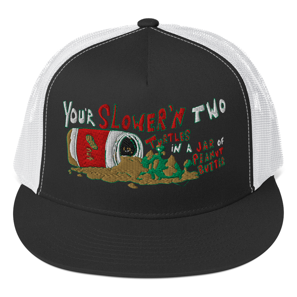 SLOW BUTTER BALL black and white five-panel cap front view